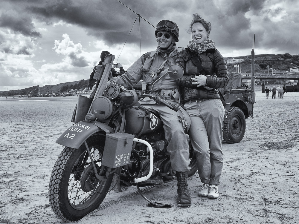 woman man soldier motorcycle reenactment d-Day