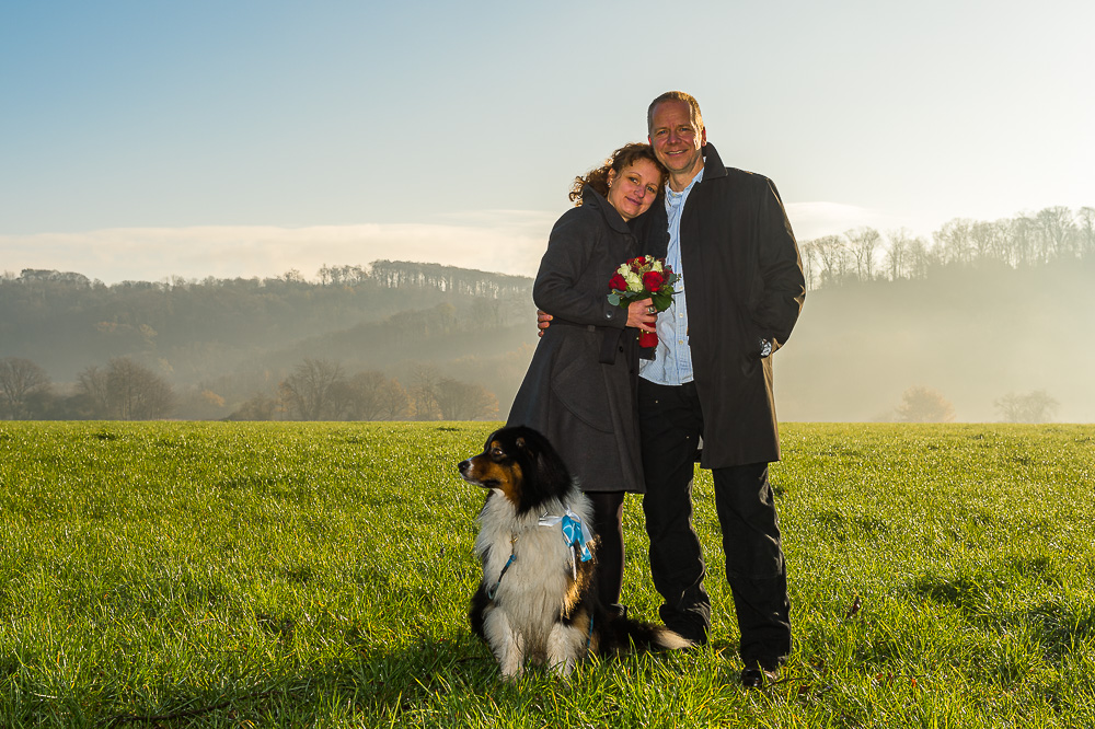 couple wedding dog love field morning