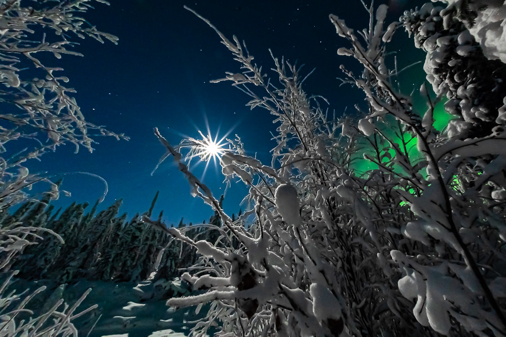 full moon starburst aurora winter northern lights