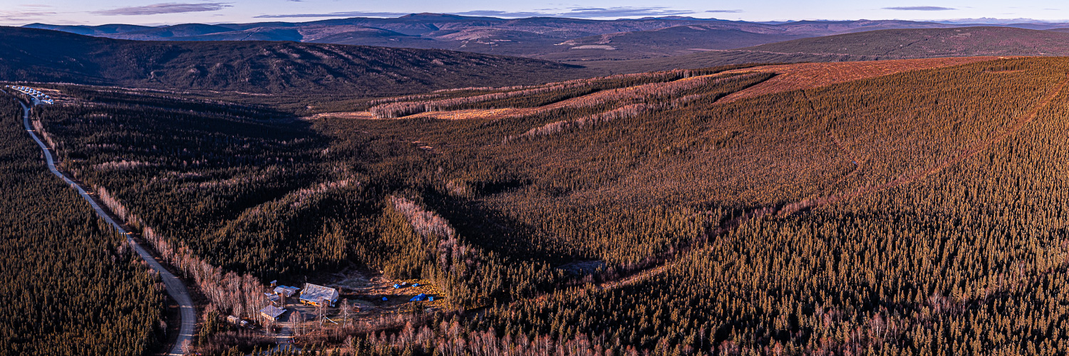 Fall off grid cabin log Fairbanks Alaska aerial drone